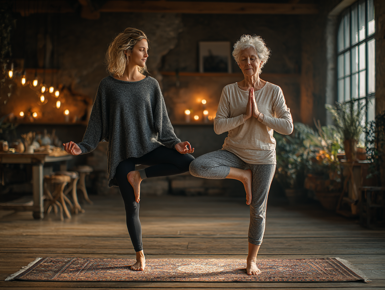 Boldog idős emberek jógáznak együtt